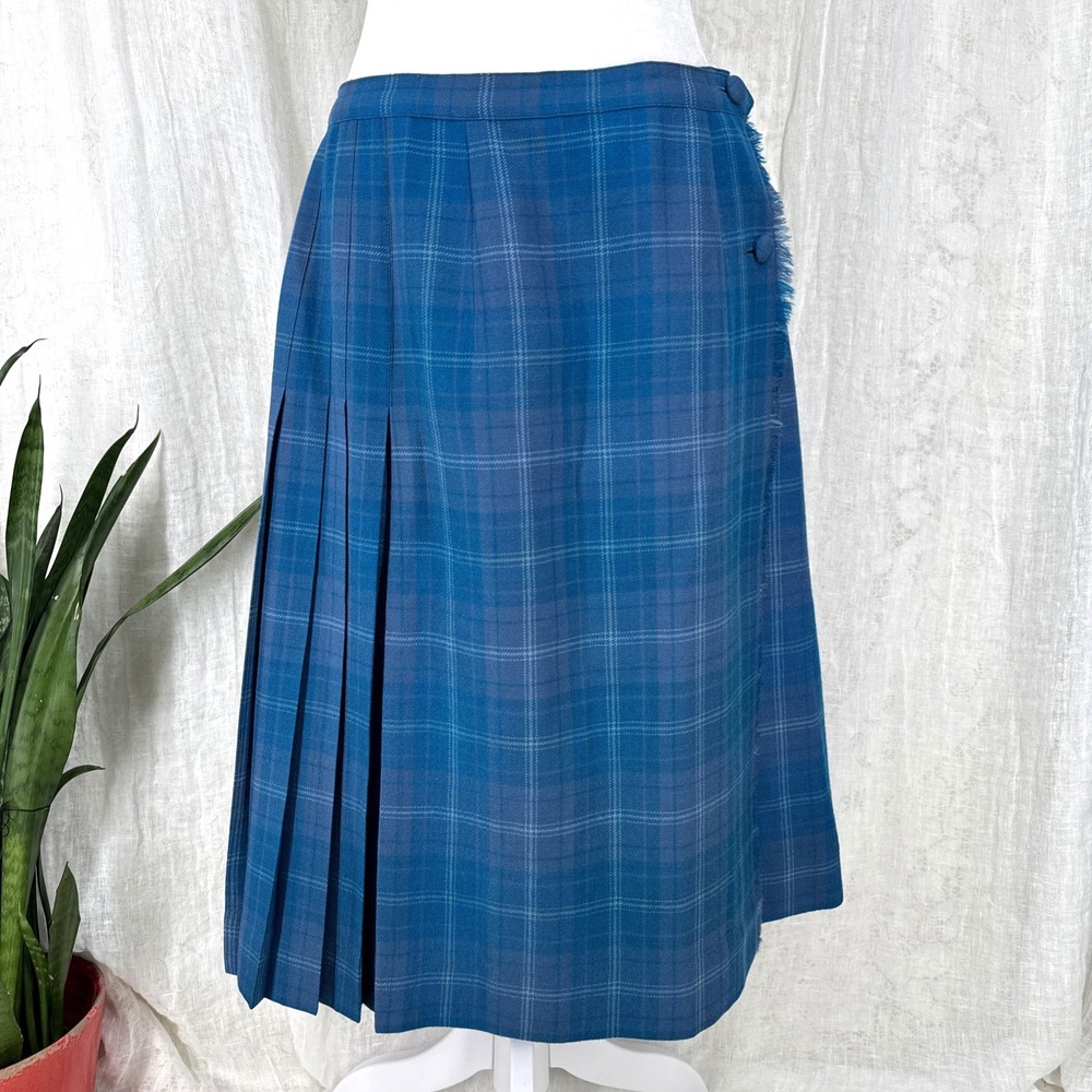 Vtg Blue Tartan Plaid Pleated Midi Skirt XL Preppy Academia Ivy Schoolgirl Wrap